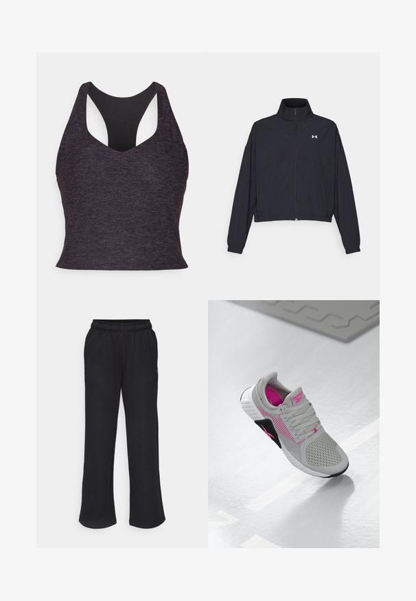Schwarze Jacke mit Reißverschluss und hohem Kragen, elastischen Bündchen und Saum. Sie hat eine glatte Textur und ein kleines weißes Logo auf der Brust.; Sport-BH in Dunkelgrau mit glatter Textur, ausgestattet mit einem breiten Racerback-Design und einem tiefen V-Ausschnitt für zusätzlichen Halt.; Schwarze Sweatpants mit einem ausgestellten Schnitt, elastischem Bund und seitlichen Taschen. Aus weichem Stoff ohne sichtbare Muster oder Akzente gefertigt.; Graue und rosa Reebok Sportschuhe mit Mesh-Obermaterial und detaillierter Sohle, auf einer reflektierenden weißen Fläche präsentiert.