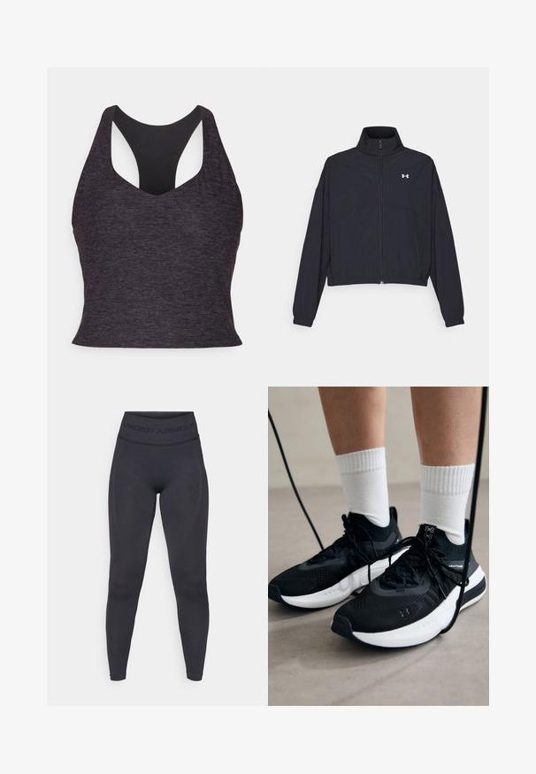 Sort zip-jakke med høj krave, elastiske manchetter og kant. Har en glat tekstur og et lille hvidt logo på brystet.; Sports-bh i mørkegrå med en glat tekstur, der har en bred racerback-design og en dyb V-halsudskæring for øget støtte.; Sorte tights med en høj elastisk talje, der har teksten "UNDER ARMOUR". Glat tekstur med subtile mønsterindslag langs benene.; Sorte sportssko med tekstureret stof, hvid sål og sorte snørebånd. Båret med hvide ribbede sokker, stående på en lys overflade.