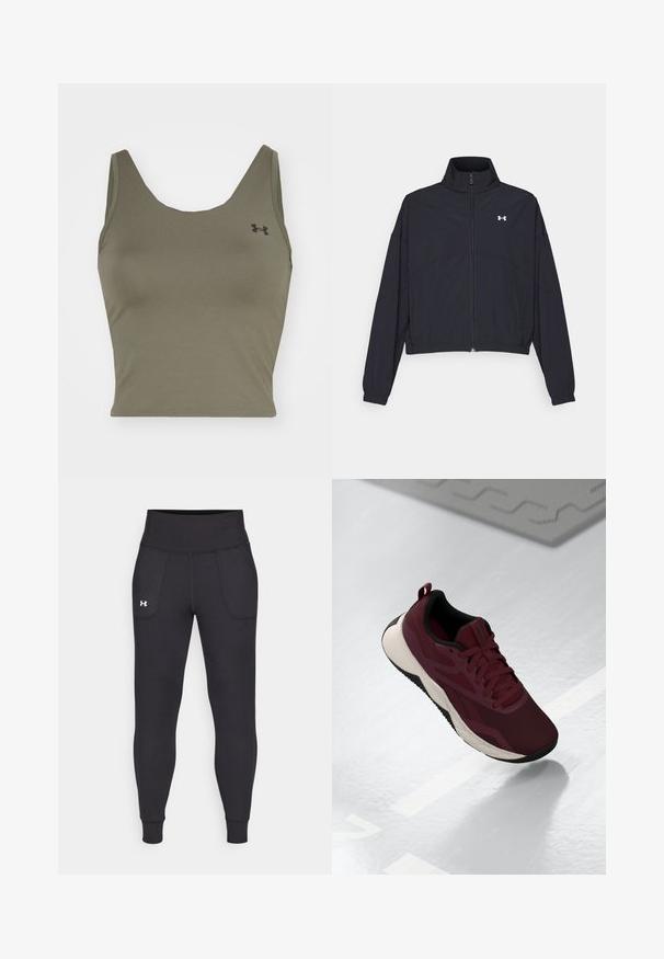 Juodas užtrauktuku užsegamas džemperis su aukštu apykaklės kraštu, elastingomis rankogaliais ir apačia. Pasižymi lygiu tekstūru ir mažuoju baltu logotipu ant krūtinės.; Under Armour MOTION TANK EMEA - Viršus - marine od green/black; Juodos sportinės leginsai, pagaminti iš tamprių medžiagų, su aukštu juosmeniu, šoninėmis kišenėmis ir priglundančiomis blauzdų manžetėmis.; Burgundi spalvos sportiniai bateliai su tinklelio viršumi, juodais akcentais ir paminkštintu baltu padu. Turintys raištelių uždarymą ir pakėlimo juostelę ant kulno.