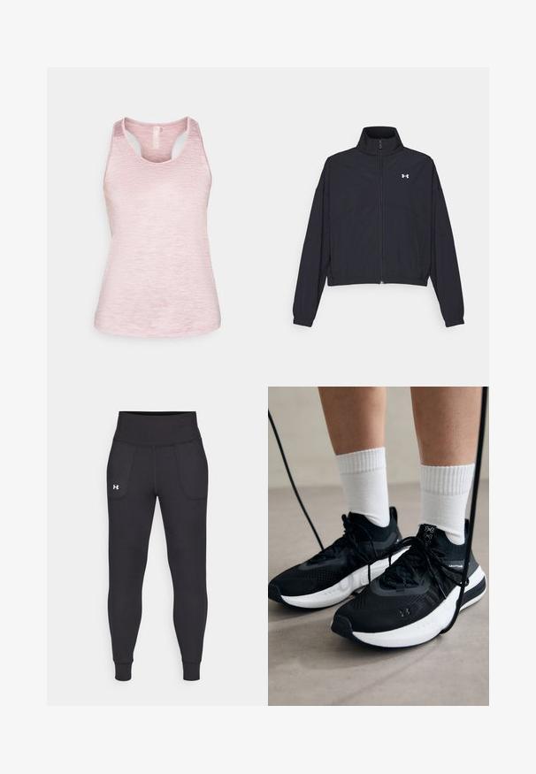 Black zip-up jacket with a high collar, elastic cuffs, and hem. Features a smooth texture and a small white logo on the chest.; Light pink sleeveless tank top with a heathered texture, round neckline, and cut-out back detail. Soft fabric with a relaxed fit.; Black athletic leggings made from stretchy material, featuring a high waistband, side pockets, and fitted cuffs at the ankle.; Black athletic shoes with textured fabric, white sole, and black laces. Worn with white ribbed socks, standing on a light surface.