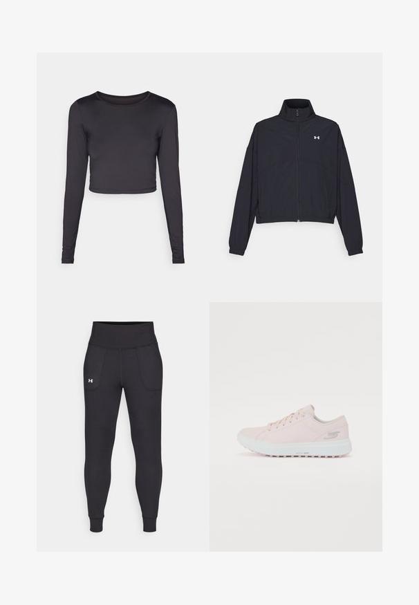 Črna jakna na zadrgo z visokim ovratnikom, elastičnimi manšetami in robom. Ima gladko teksturo in majhen bel logotip na prsih.; Dolga majica s kratkimi rokavi v črni barvi, izdelana iz gladkega materiala. Ima okrogel izrez in oprijet kroj s subtilnim šivanjem roba.; Črne atletske legice iz raztegljivega materiala, ki imajo visok pas, stranske žepke in tesne manšete pri gležnjih.; Svetlo roza športni čevelj z gladkim sintetičnim zgornjim delom, okroglo konico, vezalnim sprednjim delom, podloženim ovratnikom in belim, teksturiranim gumijastim podplatom.