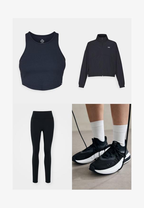 Giacca nera con zip e colletto alto, polsini e orlo elastici. Presenta una texture liscia e un piccolo logo bianco sul petto.; Top corto blu navy in tessuto a coste, con scollo rotondo e spalline larghe, dotato di un piccolo etichetta con logo sull'orlo.; Leggings neri realizzati in materiale elastico con una vita alta. Texture liscia, design aderente e senza decorazioni o motivi visibili.; Scarpe sportive nere con tessuto testurizzato, suola bianca e lacci neri. Indossate con calzini bianchi a costine, in piedi su una superficie chiara.