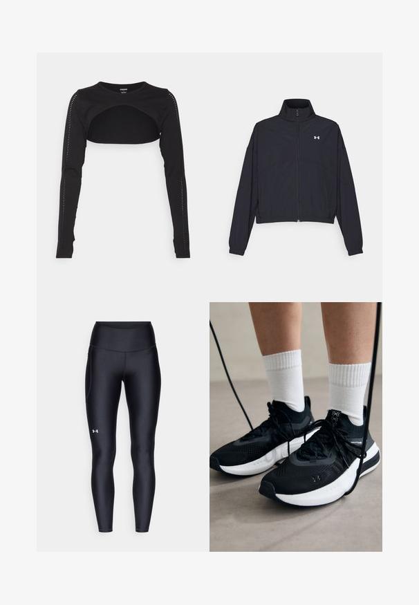 Black zip-up jacket with a high collar, elastic cuffs, and hem. Features a smooth texture and a small white logo on the chest.; Stronger Long sleeved top - black; Black leggings made of smooth, stretchy material with a high waistband. Features a white logo on the left thigh and fitted design.; Black athletic shoes with textured fabric, white sole, and black laces. Worn with white ribbed socks, standing on a light surface.