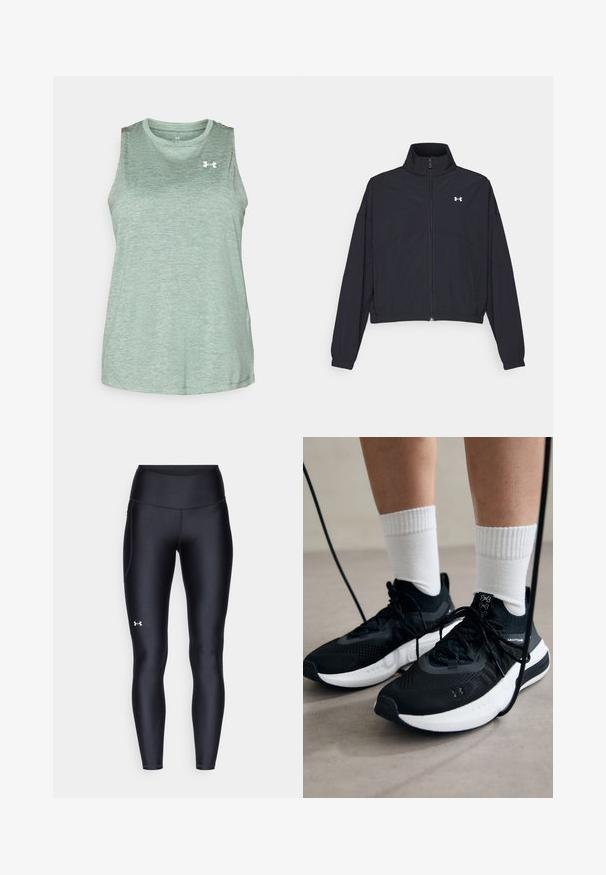 Musta vetoketjullinen takki korkealla kauluksessa, joustavat hihat ja helma. Ominaisuuksiin kuuluu sileä rakenne ja pieni valkoinen logo rinnassa.; Under Armour TANK TWIST - Toppi - silica green/white; Mustat legginsit, jotka on valmistettu sileästä ja venyvästä materiaalista, korkealla vyötäröllä. Vasemmassa reidessä on valkoinen logo ja istuva muotoilu.; Mustat urheilukengät, joissa on teksturoitua kangasta, valkoiset pohjat ja mustat nauhat. Yhdistetty valkoisten urheilusukkien kanssa, seisten vaalealla pinnalla.