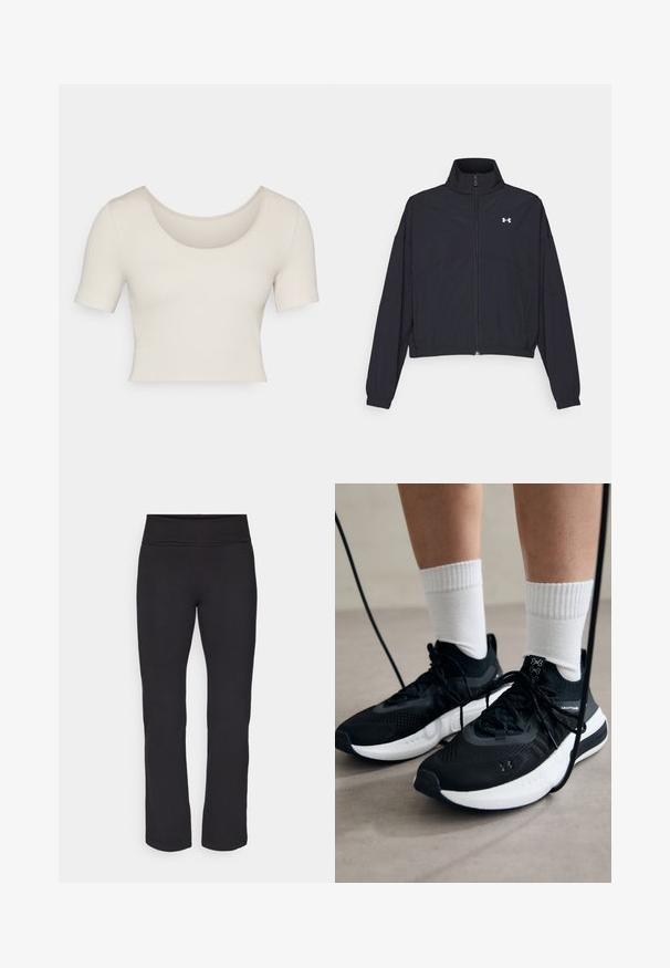 Sort zip-jakke med høj krave, elastiske manchetter og kant. Har en glat tekstur og et lille hvidt logo på brystet.; Kortærmet, cropped top i lys beige ribbet stof. Har en bred rund halsudskæring og en tætsiddende pasform, der fremhæver en glat tekstur.; Sorte leggings med et glat, strækbart stof og en bred talje. De har lige, fuldlængde ben og ingen synlige mønstre eller detaljer.; Sorte sportssko med tekstureret stof, hvid sål og sorte snørebånd. Båret med hvide ribbede sokker, stående på en lys overflade.
