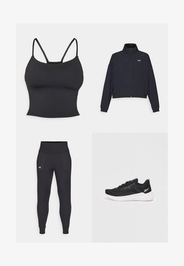 Fekete cipzáras dzseki magas gallérral, elasztikus mandzsettákkal és aljjal. Simaság jellemzi, és egy apró fehér logó található a mellkasán.; Fekete, testhez simuló camisole sima anyagból, vékony pántokkal és kerek nyakkivágással, további minták vagy díszítések nélkül.; Fekete sportleggings rugalmas anyagból, magas derékfűzéssel, oldalsó zsebekkel és szűkített szárakkal a bokán.; Fekete sportcipő struktúrált felsőrésszel, fehér talppal és minimális logózással. Fűzős kialakítással és hátul húzófülekkel a könnyű felhúzás érdekében.