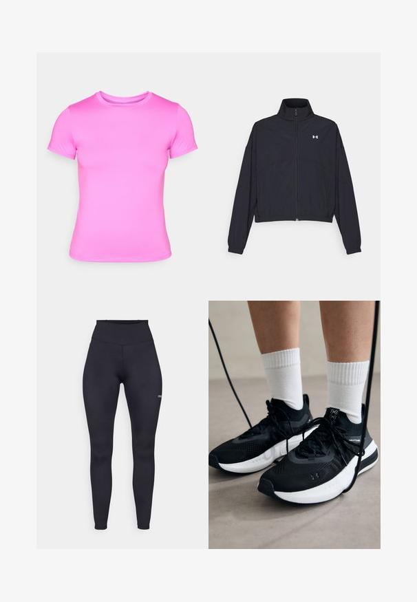 Schwarze Jacke mit Reißverschluss und hohem Kragen, elastischen Bündchen und Saum. Sie hat eine glatte Textur und ein kleines weißes Logo auf der Brust.; Rosa Kurzarm-T-Shirt aus glattem, dehnbarem Stoff. Verfügt über einen klassischen Rundhalsausschnitt und nahtlose Schultern.; Hochgeschnittene schwarze Leggings aus elastischem Material mit einer glatten Textur und einem kleinen Logo am unteren Bein. Figurbetonter Schnitt.; Schwarze Sportschuhe aus strukturiertem Stoff, mit weißer Sohle und schwarzen Schnürsenkeln. Tragen mit weißen gerippten Socken, stehen auf einer hellen Fläche.