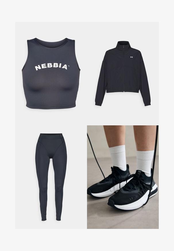 Black zip-up jacket with a high collar, elastic cuffs, and hem. Features a smooth texture and a small white logo on the chest.; Sports crop top in dark gray, made of soft, stretchy fabric. Features a round neck and white "NEBBIA" text in an arched design.; High-waisted black leggings made from stretchy fabric, featuring seamless sides and fitted design for comfort and mobility.; Black athletic shoes with textured fabric, white sole, and black laces. Worn with white ribbed socks, standing on a light surface.