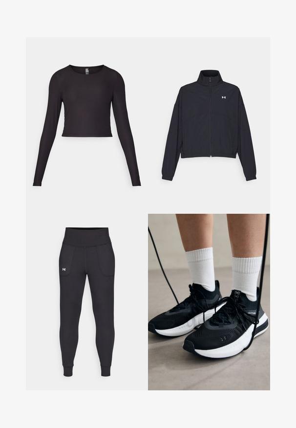 Schwarze Jacke mit Reißverschluss und hohem Kragen, elastischen Bündchen und Saum. Sie hat eine glatte Textur und ein kleines weißes Logo auf der Brust.; Schwarzes, langärmliges, cropped Oberteil aus Rippstoff. Mit rundem Ausschnitt und figurbetonter Silhouette mit strukturierten Oberflächen.; Schwarze Sportleggings aus dehnbarem Material, mit hohem Taillenbund, seitlichen Taschen und schmalen Bündchen am Knöchel.; Schwarze Sportschuhe aus strukturiertem Stoff, mit weißer Sohle und schwarzen Schnürsenkeln. Tragen mit weißen gerippten Socken, stehen auf einer hellen Fläche.