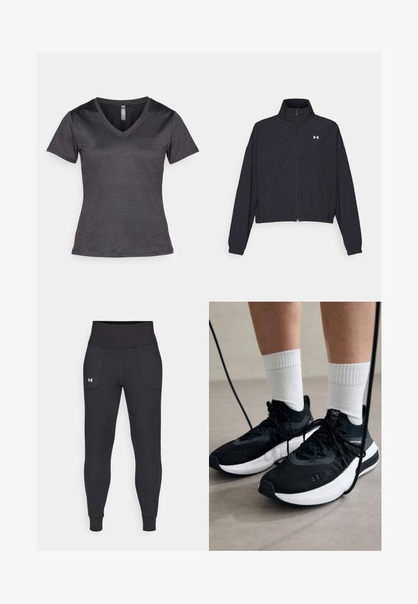 Black zip-up jacket with a high collar, elastic cuffs, and hem. Features a smooth texture and a small white logo on the chest.; Dark gray V-neck T-shirt with short sleeves, made from a smooth fabric. Features a subtle logo on the chest and a slim fit design.; Black athletic leggings made from stretchy material, featuring a high waistband, side pockets, and fitted cuffs at the ankle.; Black athletic shoes with textured fabric, white sole, and black laces. Worn with white ribbed socks, standing on a light surface.