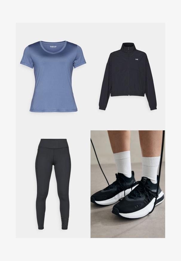 Black zip-up jacket with a high collar, elastic cuffs, and hem. Features a smooth texture and a small white logo on the chest.; ONLY Play ONPSWEET TRAIN TEE - Basic T-shirt - vintage indigo tonal; Black leggings made from stretchy material, featuring a high waistband, sleek design, and striped accent details near the ankle.; Black athletic shoes with textured fabric, white sole, and black laces. Worn with white ribbed socks, standing on a light surface.