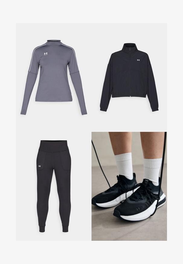 Black zip-up jacket with a high collar, elastic cuffs, and hem. Features a smooth texture and a small white logo on the chest.; Long-sleeve gray athletic shirt with a mock collar, white accents on the shoulders, and an Under Armour logo on the left chest. Material is smooth.; Black athletic leggings made from stretchy material, featuring a high waistband, side pockets, and fitted cuffs at the ankle.; Black athletic shoes with textured fabric, white sole, and black laces. Worn with white ribbed socks, standing on a light surface.