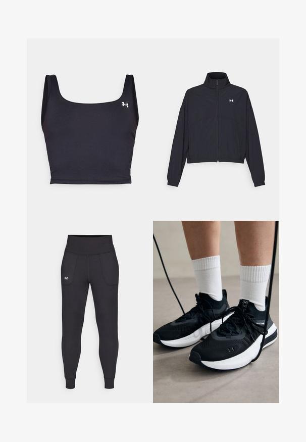 Zwarte zip-up jas met een hoge kraag, elastische manchetten en zoom. Beschikt over een soepele textuur en een klein wit logo op de borst.; Zwarte sport crop top gemaakt van glad materiaal, met een vierkante halslijn en brede bandjes. Bevat een klein wit logo aan de zijkant.; Zwarte sportleggings van rekbaar materiaal, met een hoge tailleband, zijzakken en aansluitende boorden bij de enkels.; Zwarte sportschoenen van gestructureerde stof, met een witte zool en zwarte veters. Draag ze met witte geribde sokken, staand op een lichte ondergrond.