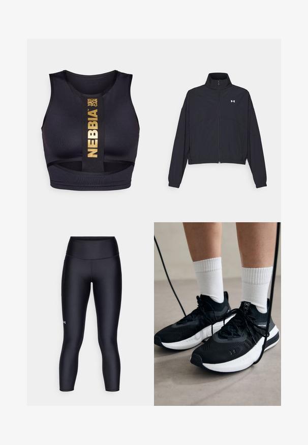 Black zip-up jacket with a high collar, elastic cuffs, and hem. Features a smooth texture and a small white logo on the chest.; Black sports bra with a fitted design. Features a gold logo and text on a central band. Made from a smooth, stretchy fabric.; Black leggings made of smooth, stretchy fabric. High-waisted design with a close fit and a small logo on the left leg.; Black athletic shoes with textured fabric, white sole, and black laces. Worn with white ribbed socks, standing on a light surface.