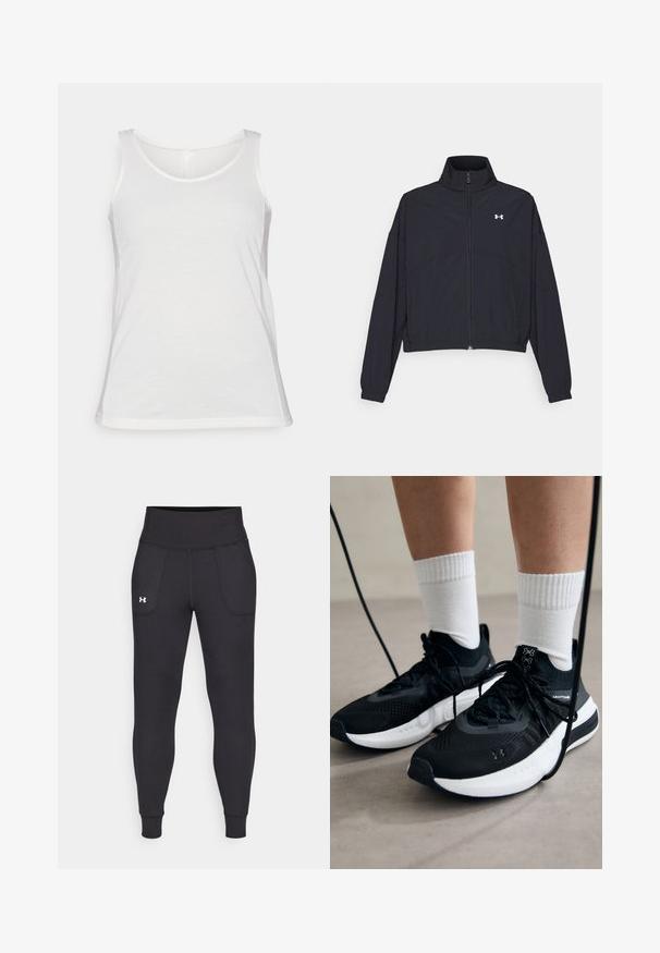 Zwarte zip-up jas met een hoge kraag, elastische manchetten en zoom. Beschikt over een soepele textuur en een klein wit logo op de borst.; Witte mouwloze tanktop van zacht materiaal; heeft een ronde halslijn en een normale pasvorm, met een gladde textuur en een afgewerkte zoom.; Zwarte sportleggings van rekbaar materiaal, met een hoge tailleband, zijzakken en aansluitende boorden bij de enkels.; Zwarte sportschoenen van gestructureerde stof, met een witte zool en zwarte veters. Draag ze met witte geribde sokken, staand op een lichte ondergrond.