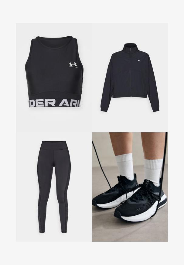 Černá zipová bunda s vysokým límcem, elastickými manžetami a lemem. Má hladkou texturu a malé bílé logo na hrudi.; Černá sportovní podprsenka vyrobená z hladkého, lehkého materiálu. Má kulatý výstřih, široký elastický pás s nápisem "UNDER ARMOUR" v bílé barvě a bezramenný design.; Černé legíny vyrobené z elastického materiálu. Vysoký pas, hladká textura, se vzorovanými akcenty na dolní části nohou.; Černé sportovní boty s texturovanou tkaninou, bílou podrážkou a černými tkaničkami. Nosené s bílými žebrovanými ponožkami, stojící na světlém povrchu.