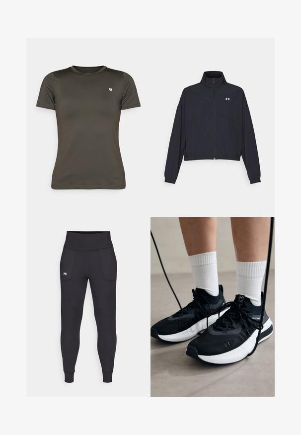 Must Musta tõmblukuga jakk, millel on kõrge krae, elastsed mansetid ja alläär. Omab sujuvat tekstuuri ja rinnal väikest valget logo.; Lühikeste varrukatega sportlik T-särk tumesaras rohelises värvuses, valmistatud sileda ja kerge kangaga. Rinnal on väike logo.; Mustad must-harjutuslegid, mis on valmistatud elastse materjali jaoks, kõrge vöökoha, küljetaskute ja tihedalt istuvate pahkluude vahega.; Mustad mustad jalanõud tekstuuritud kangast, valge tallaga ja mustade paeltega. Kanna valgete soonikkudega sokkide sisse, seistes helesinisel pinnal.