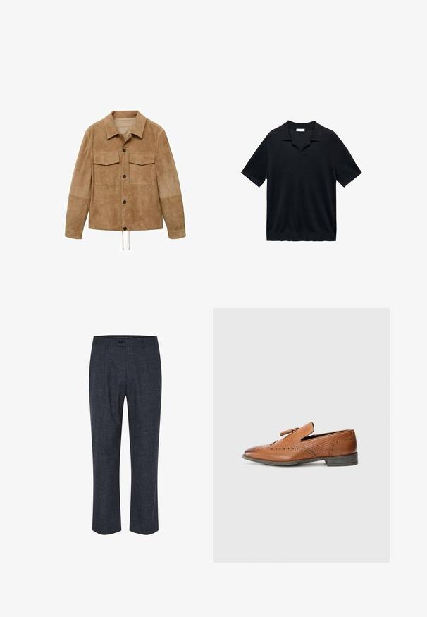 Svetlo rjava zamšasta jakna z dvema prsnožepoma, črnimi gumbi in vrvico na robu. Ima ovratnik in dolge rokave.; Črna polo majica s kratkimi rokavi, ki ima V-izrez, ravni ovratnik in rebrasto teksturo. Material se zdi lahek in gladek.; Modri hlače iz teksturirane tkanine, s prednjo ravno zasnovo, zapenjanjem na gumb in ravnimi nogami z diskretnimi, svetlo obarvanimi motivi.; Rjave usnjene čevlje s perforiranjem, teksturiranimi stranicami, ravnim podplatom in dekorativnim vozelcem na zgornjem delu. Klasična zasnova z gladko površino.