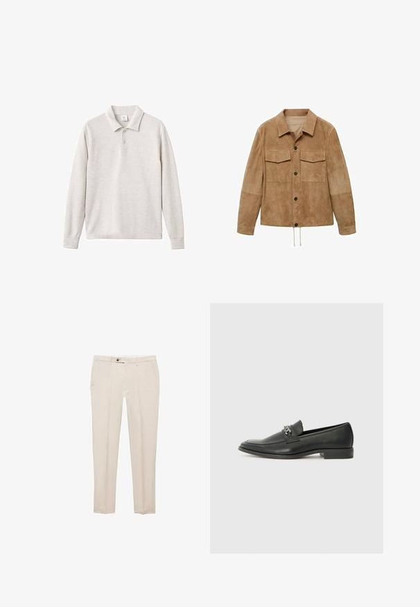 Jasnobrązowa zamszowa kurtka z dwoma kieszeniami na klatce piersiowej, czarnymi guzikami oraz sznurkiem u dołu. Posiada kołnierz oraz długie rękawy.; Jasnoszara, długosleeve'owa koszulka polo z trzema guzikami, prążkowanym kołnierzykiem i mankietami, wykonana z miękkiego materiału o gładkiej fakturze.; Mango AMALFI beżowy; Czarne skórzane mokasyny o gładkim wykończeniu, z haftowanym wzorem i dekoracyjnym akcentem z metalowego łańcucha na wierzchu. Płaska pięta.