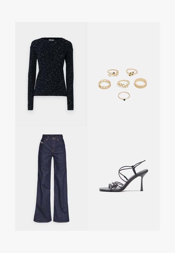 Kürzeste burgunderfarbene Lederjacke mit glänzender Oberfläche, spitzem Kragen, Reißverschluss-Frontverschluss und zwei Brusttaschen mit Druckknöpfen.; Mads Nørgaard SPACE TUBA TEE - Langarmshirt - multi midnight; Dunkelblaue weite Jeans aus Denimstoff mit hoher Taille, ausgestattet mit orangefarbenen Nähten, fünf Taschen und einem Knopfverschluss.; Schwarze, hochhackige Sandalen mit dünnen Riemen und einem geknoteten Design, einer glatten, rechteckigen Zehenpartie und einem eleganten Stiletto-Absatz.; Set aus sechs goldenen Ringen mit verschiedenen Designs: geflochten, mit Blattmotiven und soliden Bändern; einige mit grünen Edelsteinen akzentuiert.