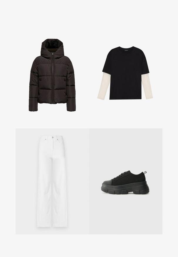 Melna pūsto jaka ar kapuci, ar horizontāliem quiltētiem segmentiem, priekšējo rāvējslēdzēju un elastīgām cuffām. Gluda sintētiska tekstūra.; Melna kokvilnas T-kreklu ar īsām piedurknēm, virs baltas garām piedurknēm ar smalku teksturētu rakstu. Apaļas kakla izgriezuma dizains.; Baltas plaša kāju džinsi no denima, ar priekšējo pogu aizdari, jostas cilpām un četrām kabatām ar gludu, tīru tekstūru.; Melnas kedas ar masīvu gumijas zoli, teksturētu auduma augšdaļu, apaļu purngalu un saistīšanas dizainu. Iekļautas pastiprinātas acs atveres un aizmugurējais cilpiņas siksniņa.