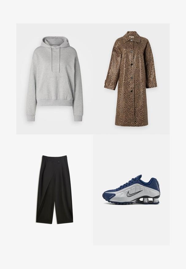 Brun leopardprintet frakke med en blank overflade, der har krave, lange ærmer og sorte knapper fortil.; Grå hættetrøje lavet af bomuldsblanding, med en kængurulomme, snoretræk i hætten, lange ærmer samt ribstrikkede manchetter og kant.; Sorte vidde bukser lavet af glat stof. Har en frontfold, knaplukning og en skræddersyet talje for en strømlinet pasform.; Blå og sølv atletik sko med en tekstureret overdel, perforeringer og en buet sål med metalliske dæmpningselementer. Sort logo accent.