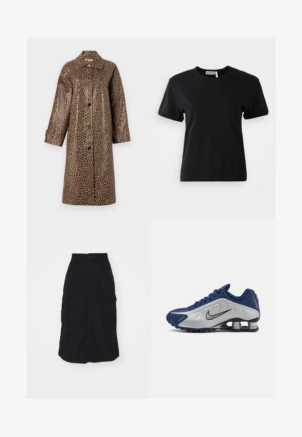 Brązowy płaszcz w leopardzie wzory o błyszczącej teksturze, z kołnierzem, długimi rękawami i czarnymi guzikami z przodu.; Czarna koszulka z bawełny z okrągłym dekoltem, krótkimi rękawami i luźnym krojem. Metka wewnątrz dekoltu z napisem "WEEKDAY".; Czarna midi spódnica z elastycznym paskiem w talii, zapięciem na guziki z przodu oraz dwoma bocznymi kieszeniami cargo. Gładki materiał o prostym kroju.; Niebieskie i srebrne buty sportowe z teksturowaną cholewką, perforacjami i zakrzywioną podeszwą z metalicznymi elementami amortyzującymi. Czarny akcent z logo.