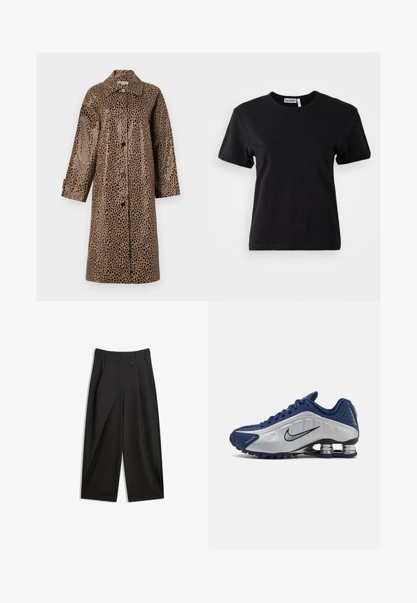 Smešak kaput s uzorkom na leopard kožu u smeškastoj boji s sjajnom teksturom, koji uključuje ovratnik, dugačke rukave i crne dugmadi duž prednje strane.; Crna pamučna majica mješavine s okruglim izrezom, kratkim rukavima i opuštenim krojem. Unutarnji izrez nosi etiketu "WEEKDAY".; Crne široke hlače od glatkog materijala. Imaju prednji plis, zatvaranje na dugme i krojeni pojas za uski fit.; Plave i srebrne atletske tenisice s teksturiranim gornjim dijelom, perforacijama i zakrivljenim potplatom koji sadrži metalne amortizacijske elemente. Crni akcent loga.