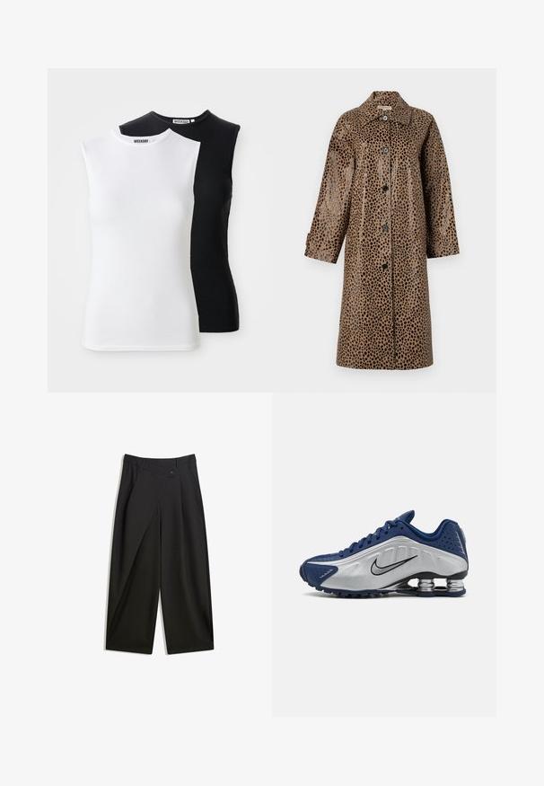 Ruskeakirjava leopardi kuviolla varustettu takki, jossa on kiiltävä pinta, kaulus, pitkät hihat ja mustat napit edessä.; Kaksi hihattoman ribbipaitaa, valkoisena ja mustana. Ominaisuudet ovat korkeakauluksinen ja istuva malli. Kangas on pehmeä ja venyvä. Brändilabel näkyvissä.; Mustat leveät housut, jotka on valmistettu sileästä kankaasta. Ominaisuuksiin kuuluu etuhelma, nappisulku ja muotoiltu vyötärö, joka takaa virtaviivaisen istuvuuden.; Siniset ja hopeiset urheilujalkineet, joissa on teksturoitu päällinen, reikiä ja kaareva pohja, jossa on metalliset vaimennuselementit. Musta logo-aksentti.