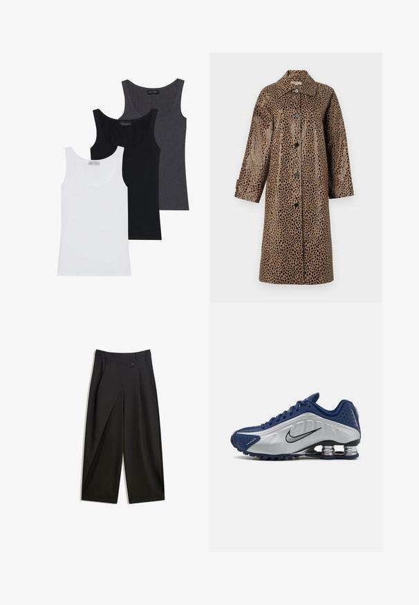 Brun leopardprintet frakke med en blank overflade, der har krave, lange ærmer og sorte knapper fortil.; Tre toppe i hvid, sort og mørkegrå, med en scoop-halsudskæring og lavet af et blødt, strækbart stof. Dage synlige på hver.; Sorte vidde bukser lavet af glat stof. Har en frontfold, knaplukning og en skræddersyet talje for en strømlinet pasform.; Blå og sølv atletik sko med en tekstureret overdel, perforeringer og en buet sål med metalliske dæmpningselementer. Sort logo accent.