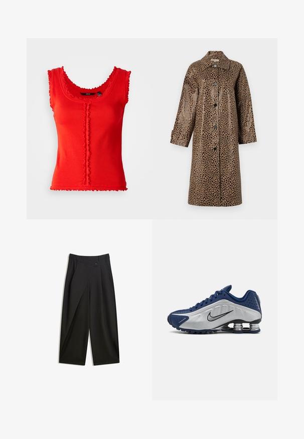 Brązowy płaszcz w leopardzie wzory o błyszczącej teksturze, z kołnierzem, długimi rękawami i czarnymi guzikami z przodu.; Czerwona prążkowana bluzka bez rękawów z falbaniastymi brzegami, z dekoltem w serek i centralnym detalem z guzikiem. Materiał mieszanki bawełny, dopasowany kształt.; Czarne szerokie spodnie wykonane z gładkiego materiału. Posiadają plisę z przodu, zapięcie na guzik oraz dopasowaną talię, co zapewnia schludny wygląd.; Niebieskie i srebrne buty sportowe z teksturowaną cholewką, perforacjami i zakrzywioną podeszwą z metalicznymi elementami amortyzującymi. Czarny akcent z logo.