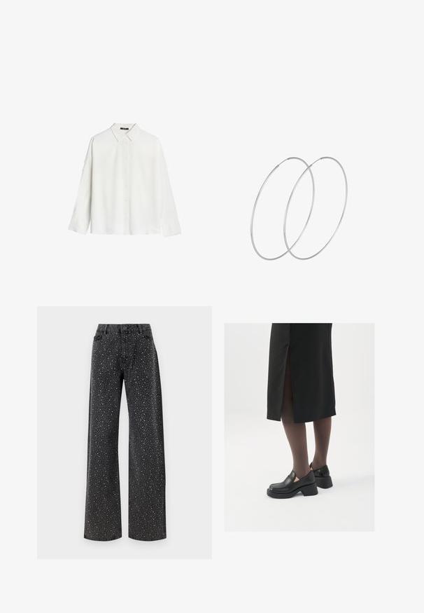 Brun faux suede jakke med nitter, kravehals, lynlås foran og lange ærmer. Har dekorative nitter langs sømmene.; Hvid langærmet skjorte lavet af glat stof, med klassisk krave og frontknaplukning, lige kant og afslappet pasform.; Noisy May NMJANNEL LOOSE - Jeans Relaxed Fit - black denim; Sorte lædersko med rund tå, kraftig blokhæl og elastiske sideaccentuer, parret med mørke strømpebukser og en sort nederdel med slids.; Sølvøreringe med et minimalistisk design. Cirkulær form, glat tekstur og tynd profil. Letvægtige med en poleret overflade.