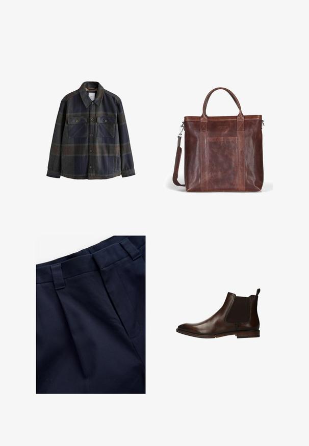 Flanellen overhemdjack in marineblauw en grijs met een geruit patroon. Bevat twee knoopzakken aan de voorkant en een kraag.; Crème kortemouw t-shirt met verticale smalle strepen. Ronde hals, zachte stof, casual pasvorm, subtiele textuur en geen zichtbare logo's of hardware.; Navy plissébroek van een gladde, gestructureerde stof. Voorzien van een platte tailleband en riemlussen, ontworpen voor comfort en pasvorm.; Bruine leren Chelsea boot met elastische zijpanelen, een ronde neus en een lage gestapelde hak. Beschikt over een trekband voor gemakkelijk aantrekken.; Bruin leren tote bag met dubbele handvatten, een verstelbare schouderriem en een voorkantzak. Gepatineerd oppervlak met subtiele kleurvariaties.