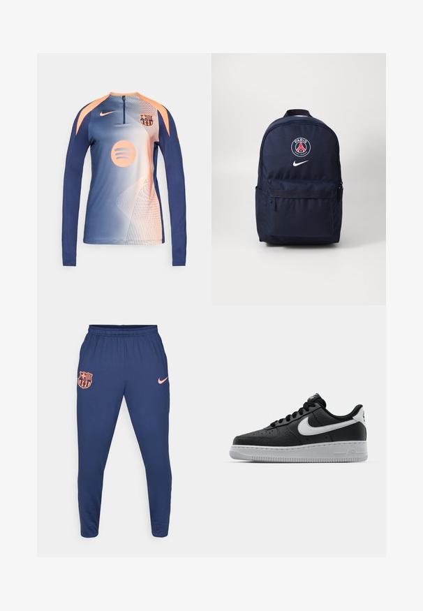 Jacket da Nike do FC Barcelona em azul escuro com detalhes em coral, apresentando um fecho completo, gola alta e logótipo no peito e no braço.; Camisola de treino de futebol Nike de manga longa nas cores azul e pêssego, com o emblema do FC Barcelona e o logótipo do Spotify, gola com fecho éclair e padrão de linhas abstratas.; Calças de desporto azul-marinho feitas de tecido suave, apresentando um logótipo laranja do FC Barcelona e um pequeno swoosh laranja da Nike na área do quadril.; Sapatilha de pele preta com superfície texturizada, swoosh branco da Nike, sola cinza, bico redondo e design com atacadores. Apresenta perfurações na caixa dos dedos.; Mochila azul marinho com fecho de correr, com um bolso frontal e o logótipo do Paris Saint-Germain em vermelho, branco e azul. Logótipo da Nike na parte inferior.