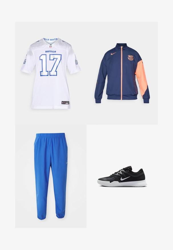 Nike jakna FC Barcelona u tamnoplavoj boji s koraljnim detaljima, s punim zatvaračem, visokim ovratnikom i logotipom na prsima i ruci.; Bijeli NFL dres s plavim naglascima, brojem 17 i tekstom "BILLS MAFIA" na ovratniku. Upravljen dizajn s grbom tima na rukavima.; Plave atletske hlače s elastičnim pojasom, ravnim dizajnom nogavica i sužavajućim porubima. Sadrži Nike logo u zlatnoj boji na lijevoj strani.; Crna sportska cipela s teksturiranim gornjim dijelom, bijelim Nike swooshom i bijelim gumennim potplatom. Ima dizajn s vezanjem i dinamičan oblik.