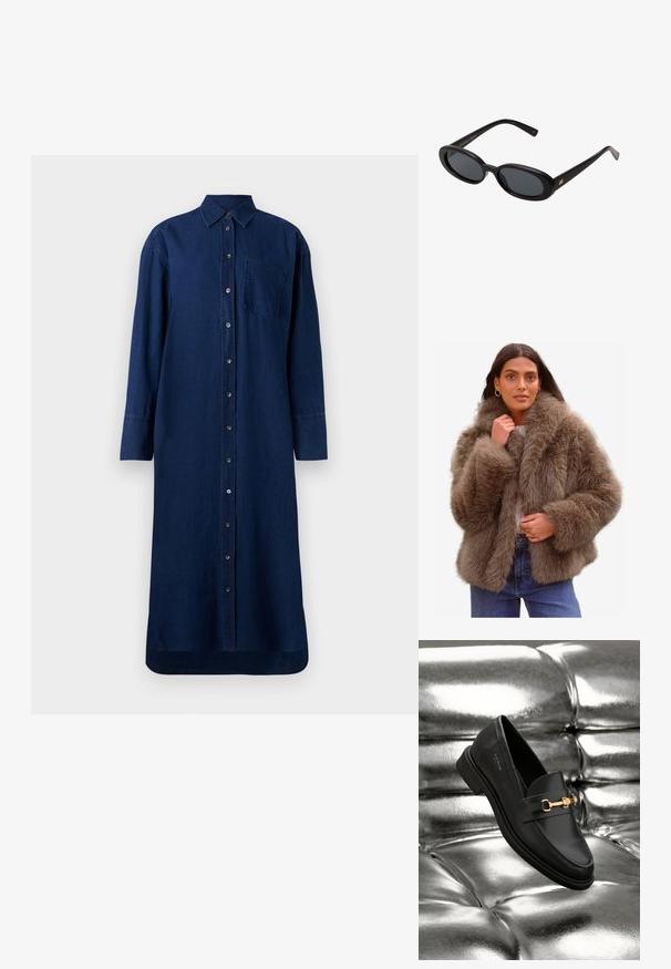 Nepbont jas in een zachte bruintint, met een brede kraag, volumineuze mouwen en een ontspannen pasvorm, aangevuld met een lichte voering.; Navyblauwe denim shirtjurk met een knoopsluiting aan de voorkant, lange mouwen, een kraag en een borstzak; rechte snit en zoom.; Effen witte langslopende shirt met lange mouwen, ronde hals, van achteren weergegeven, plat gelegd op een witte achtergrond.; Zwarte leren instapper met een goudkleurig hardware-detail. De schoen heeft een strak ontwerp en een gladde, glanzende textuur.; Zwarte oversized zonnebril met ovale lenzen, een glad plastic montuur en gouden accenten op de pootjes. Donkere lenzen bieden bescherming tegen de zon.