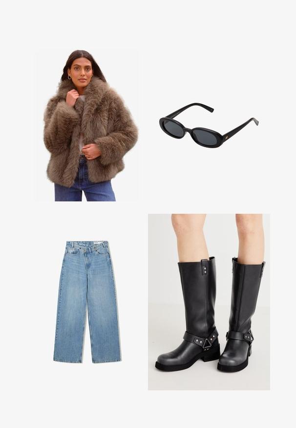 Faux fur-jacka i en mjuk brun färg, med en bred krage, voluminösa ärmar och en avslappnad passform, kompletterad med en lätt innerfoder.; Ljusblå skjorta med långa ärmar och knäppning, tillverkad av ett mjukt och lätt tyg. Har en framficka och en klassisk krage.; En enkel vit långärmad skjorta med rund hals, visad bakifrån, liggande platt på en vit bakgrund.; Ljusblå vida jeans i denim, med hög midja, fem fickor, knappstängning och subtil blekning för textur.; Svarta läderknähöga stövlar med bred skaft, remdetaljer, silverdetaljer och en platt sula. Slät textur med en lätt glans.; Svarta överdimensionerade solglasögon med ovala linser, slät plastbåge och guldaccent på bågarna. Mörka linser ger solskydd.