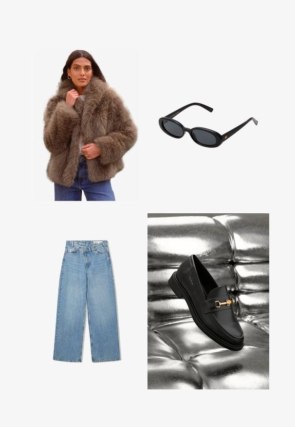 Sztuczna futrzana kurtka w miękkim brązowym kolorze, z szerokim kołnierzem, objętościowymi rękawami i luźnym krojem, uzupełniona lekką podszewką.; Gładka, biała, długosleeve koszula, okrągły dekolt, pokazana od tyłu, leżąca na białym tle.; Jasnoniebieskie dżinsy w szerokim kroju, wykonane z denimu, z podwyższonym stanem, pięcioma kieszeniami, zapięciem na guzik i subtelnym wyblaknięciem dla uzyskania tekstury.; Czarne skórzane loafersy z detalem w złotym odcieniu. Buty mają smukły design i gładką, błyszczącą fakturę.; Czarne, oversize okulary przeciwsłoneczne z owalnymi soczewkami, gładkim plastikowym mostkiem i złotymi akcentami na zausznikach. Ciemne soczewki zapewniają ochronę przed słońcem.