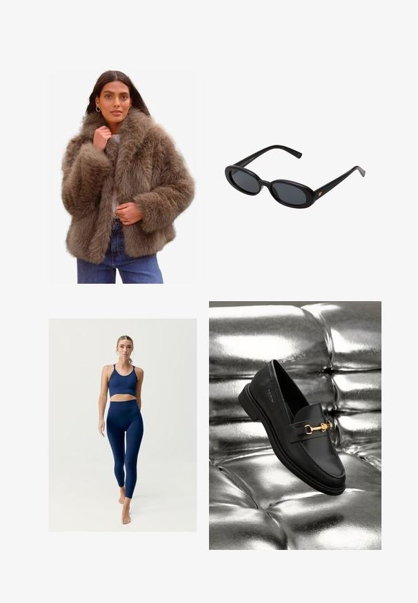 Kabát z umělé kožešiny v jemně hnědé barvě, který má široký límec, objemové rukávy a volný střih, doplněný světlejším vnitřním podšívkou.; Hladká bílá dlouhá košile s dlouhým rukávem, kulatým výstřihem, zobrazená zezadu, ležící na bílém pozadí.; Námořnický modrý atletický set obsahující zkrácenou podprsenku s tenkými ramínky a legíny s vysokým pasem, obojí vyrobené z hladké, elastické látky.; Černé kožené loafery s detaily zlatého kovu. Obuv má elegantní design a hladký, lesklý povrch.; Černé oversized sluneční brýle s oválnými čočkami, hladkým plastovým rámem a zlatými akcenty na spáncích. Tmavé čočky poskytují ochranu před sluncem.