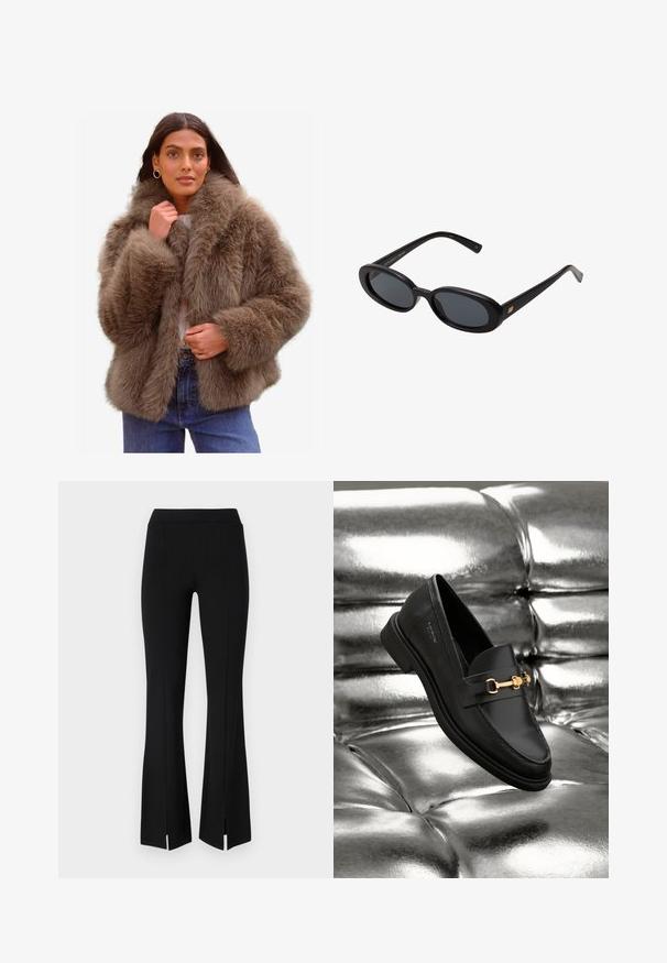 Kabát z umělé kožešiny v jemně hnědé barvě, který má široký límec, objemové rukávy a volný střih, doplněný světlejším vnitřním podšívkou.; Hladká bílá dlouhá košile s dlouhým rukávem, kulatým výstřihem, zobrazená zezadu, ležící na bílém pozadí.; Černé kalhoty s rozšířenými nohavicemi vyrobené z elastické tkaniny, mají vysoký pas a rozparky na kotnících pro větší detail a pohyb.; Černé kožené loafery s detaily zlatého kovu. Obuv má elegantní design a hladký, lesklý povrch.; Černé oversized sluneční brýle s oválnými čočkami, hladkým plastovým rámem a zlatými akcenty na spáncích. Tmavé čočky poskytují ochranu před sluncem.
