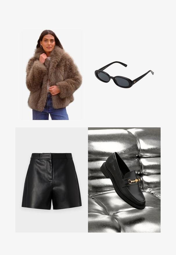 Faux fur jakke i en blød brun farve, med en bred krave, voluminøse ærmer og en afslappet pasform, suppleret med et let indre for.; Simpel hvid langærmet skjorte, rund hals, vist fra ryggen, lagt fladt på en hvid baggrund.; Sorte lædershorts med en glat tekstur, udstyret med et tætsiddende taljebånd, detalje ved sømmen foran og sideskår for ekstra stil.; Sorte læder loafers med en guldfarvet hardware detalje. Skoen har et elegant design og en glat, skinnende overflade.; Store store