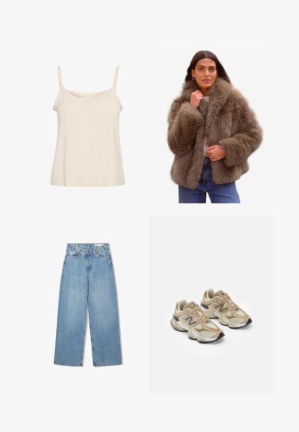 Faux fur jacket in a soft brown color, featuring a wide collar, voluminous sleeves, and a relaxed fit, complemented by a light inner lining.; Light beige camisole made of soft fabric, featuring thin adjustable straps and a V-neckline with a slightly relaxed fit.; Light blue wide-leg jeans made of denim, featuring a high waist, five pockets, button closure, and subtle fading for texture.; Beige sneakers with mesh and suede materials. Features a black logo and textured accents. Thick white midsole and black rubber outsole.