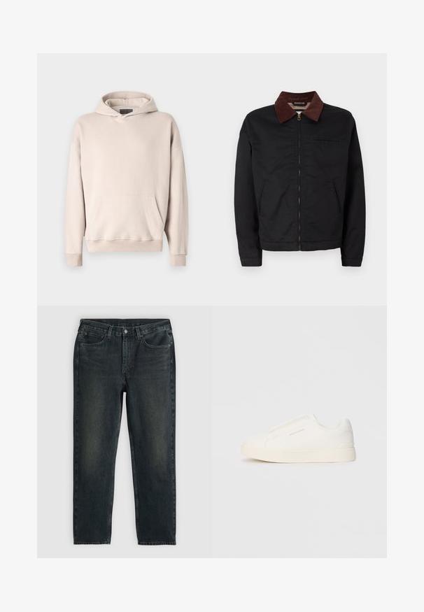 Zwarte ritsjack met bruine corduroy kraag, twee voorzakken en één borstzak, weergegeven op een effen witte achtergrond.; Lichtbeige hoodie gemaakt van zacht materiaal. Bevat een kangaroozak, geribde manchetten en een relaxte pasvorm.; Donkerblauwe denim jeans met een recht model, voorzien van vijf zakken, een ritssluiting en contrasterende stiksels. Subtiele vervaging op de stof.; Witte instap sneakers met een gestructureerd oppervlak, een dikke zool en een minimalistisch ontwerp. Bevat het merklogo aan de zijkant.