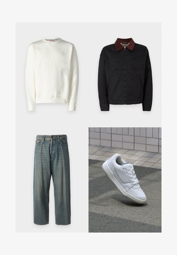 Melnas zip-up jaka ar brūnu korduroja apkakli, divām priekšējām kabatām un vienu krūšu kabatu, izvietota uz vienkārša balta fona.; Baltā džemperī ir apaļais kakls, ribotas piedurknes un neizteiksmīgs logotipa elements. Mīksts materiāls ar gludu tekstūru un minimālistisks dizains.; Gaiši zili džinsi ar brīvu piegriezumu, vidējo jostas augstumu un taisnām kājām. Satur piecas kabatas, jostas cilpas un pogu aizdari.; Baltas ādas sporta apavi ar perforētiem sāniem, teksturētām akcentiem, plakanu šņorēšanu un kontrastējošu pelēku papēdi. Iezīmē nedaudz paaugstinātu zole.