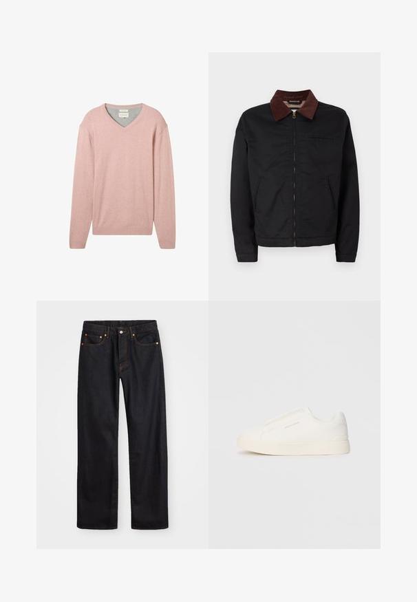 Czarna kurtka zapinana na zamek z brązowym kołnierzem z kordurowego materiału, z dwiema przednimi kieszeniami i jedną kieszenią na piersi, wyeksponowana na białym tle.; TOM TAILOR - Sweter; Męskie jeansy w prostym kroju, czarne, z pięcioma kieszeniami oraz pomarańczowymi strefami, z zapięciem na guzik i zamek z przodu w pasie.; Białe sneakersy wsuwane z teksturowanej powierzchni, grubą podeszwą i minimalistycznym designem. Zawierają logo marki z boku.
