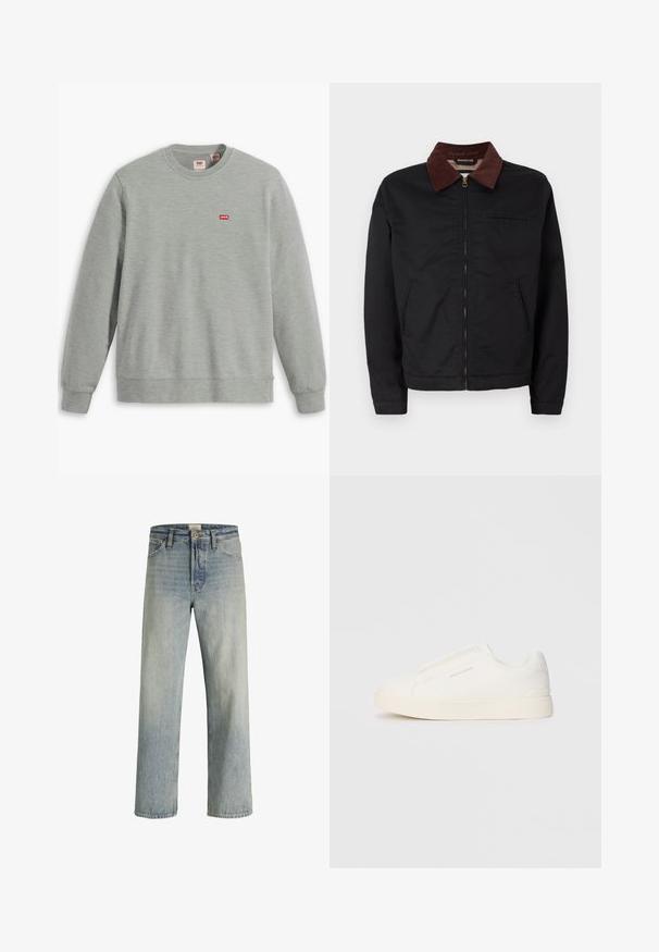 Črna zip-up jakna z rjavim žametnim ovratnikom, z dvema sprednjima žepoma in enim žepom na prsih, prikazana na enobarvni beli podlagi.; Siva majica s kapuco iz nežnega materiala. Ima okroglo ovratnik in dolge rokave. Na prsih je prikazan majhen rdeč logotip Levi's.; Svetlo modri traper hlače z ravnim krojem, visokim pasom in subtilnim zbledelostjo. Imajo pet žepov in tradicionalno gumbasto zadrgo.; Bele zapete brez vezalk z teksturirano površino, debelim podplatom in minimalističnim dizajnom. Na strani se nahaja logotip blagovne znamke.