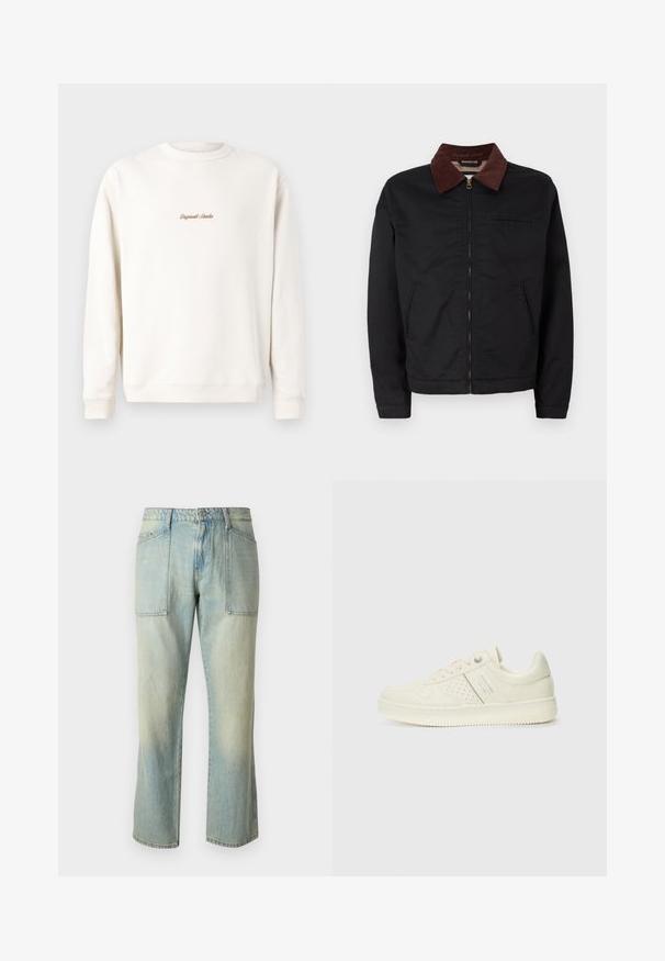 Jaqueta preta com fecho éclair, colarinho de veludo cotelê castanho, dois bolsos frontais e um bolso no peito, exibida sobre um fundo branco liso.; Sweatshirt de cor creme com decote redondo e punhos canelados. Apresenta um pequeno bordado dourado "Original Studio" no peito. Textura suave.; Jeans de ganga azul claro com corte reto, costura visível e dois grandes bolsos frontais. O tecido tem uma textura desbotada.; Sapatilha de cor creme com detalhes perfurados, atacadores e logotipo na lateral, apresentada contra um fundo branco liso.