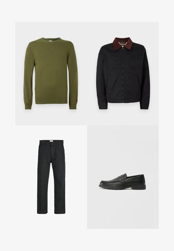 Sort lynlåsjakke med brunt corduroy-krave, to frontlommer og en brystlomme, vist på en ensfarvet hvid baggrund.; Olivenfarvet strikket sweater, rund halsudskæring, lange ærmer, ribbede manchetter og kant, glat overflade, let materiale, afslappet design.; Sorte bukser lavet af holdbart stof, med en lige pasform, syede detaljer og to forlommer for funktionalitet.; Sorte læderslippers med en glat finish, mokkasin-stil overdel, syninger og gummisål. Klassisk design med en lav hæl.