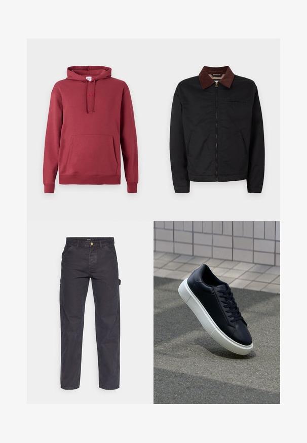 Zwarte ritsjack met bruine corduroy kraag, twee voorzakken en één borstzak, weergegeven op een effen witte achtergrond.; Rode hoodie met een voorste kangoeroezak, een capuchon met trekkoord, ribgebreide manchetten en een zoom, en een subtiel geborduurd logo op de borst.; Donkergrijze cargobroek van duurzaam materiaal, met een rechte pijp, vijf zakken en een knoopsluiting in de taille.; Zwarte leren sneaker met een ronde neus en een witte rubberen zool. Voorzien van platte veters en minimale stiksels op het bovenwerk. Textuurrijke zool voor grip.