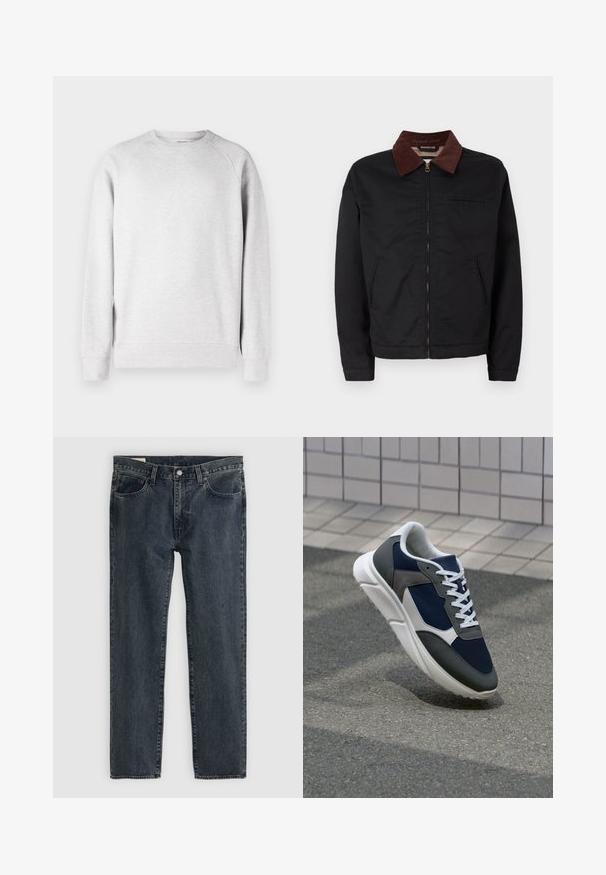 Melnas zip-up jaka ar brūnu korduroja apkakli, divām priekšējām kabatām un vienu krūšu kabatu, izvietota uz vienkārša balta fona.; Gai pelēks kreklu svītra ar garām piedurknēm, ribotām aprocēm un apakšmalu, izlikta pret baltu fona.; Tumši zili džinsi ar taisnu kāju dizainu, pieci kabatas un pogu aizdare. Audums rāda vieglu izbalēšanu un faktūru.; Sporta apavi ar tumši zilas krāsas tīkla augšdaļu, pelēku zamšādas akcentiem, baltu gumijas zoli un plakaniem baltiem šņorēm, kas izstrādāti komfortam un elpojamībai.